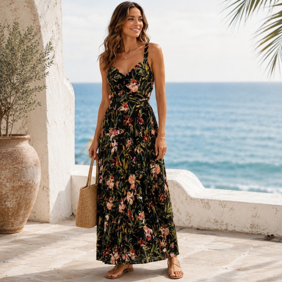 Anthropologie Dresses & Skirts - Maeve Anthropologie Gabriela Floral Maxi Dress Sz XL Black Criss Cross Back Boho